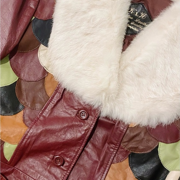 70s vintage patchwork leather jacket with rabbit fur collar - Picture 4 of 5